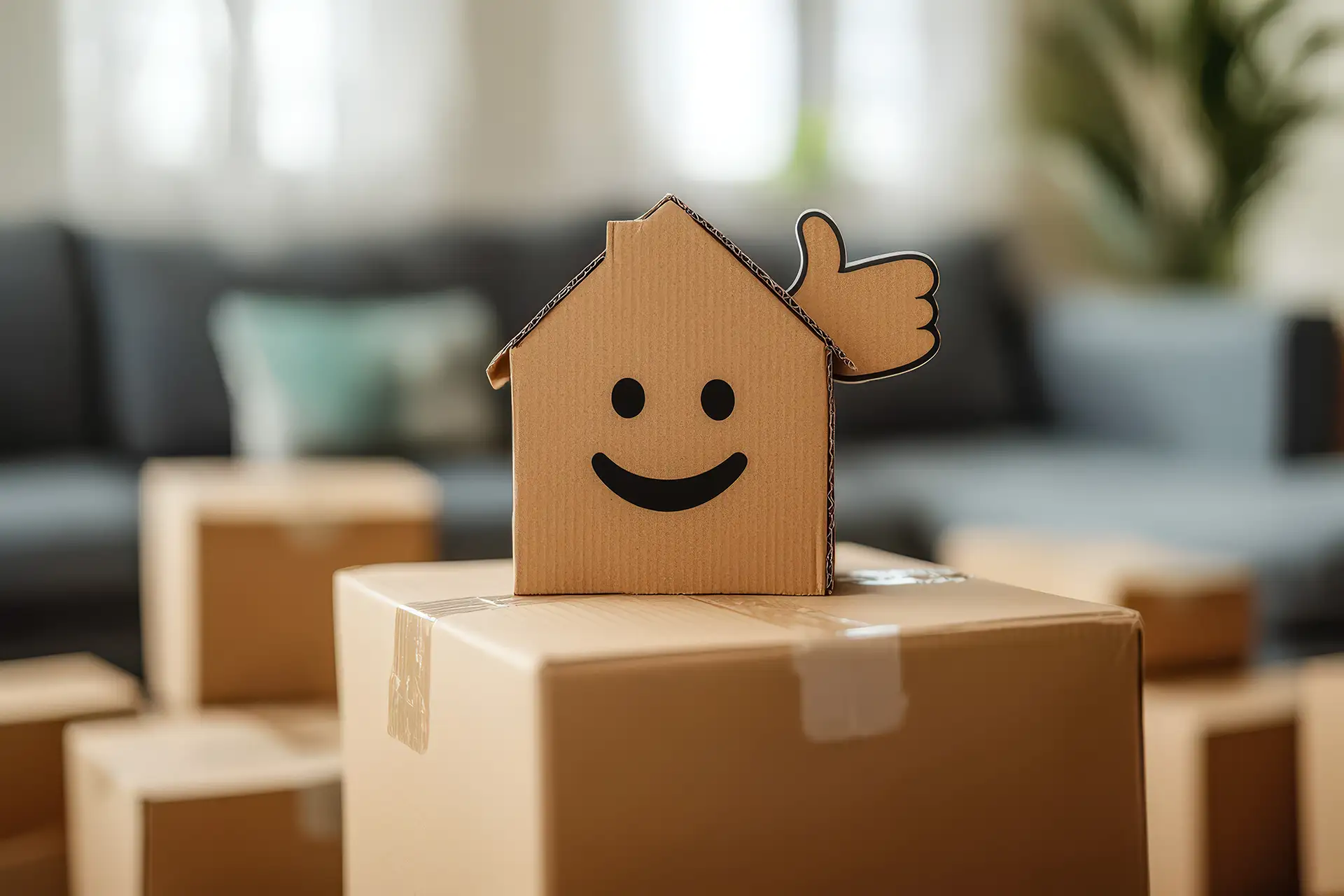 Haus aus Pappe mit einem Daumen hoch auf gestapelten Kisten